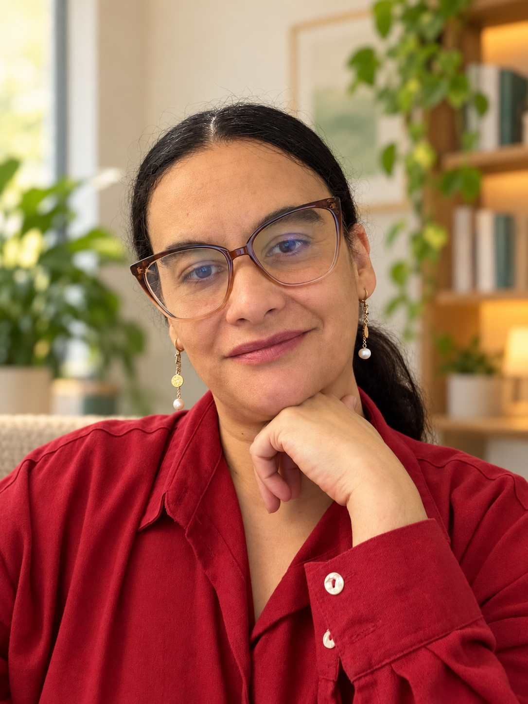 Carolina Oliveira, de camisa vermelha, em um ambiente acolhedor